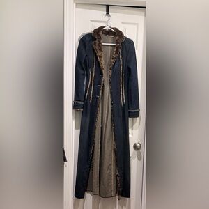 Like New Women's Blue Denim Coat with Fur Trim